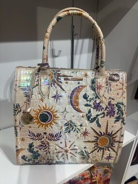 Brahmin lg Caroline Ivory Celestial Print Satchel with Gold and Purple Accents